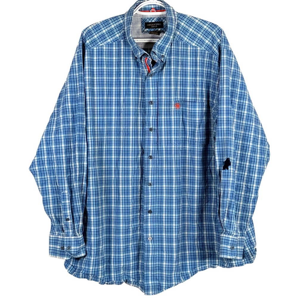 Ariat Pro Series Shirt Mens XXL Blue Plaid Long Sleeve Button Down Western HOLE